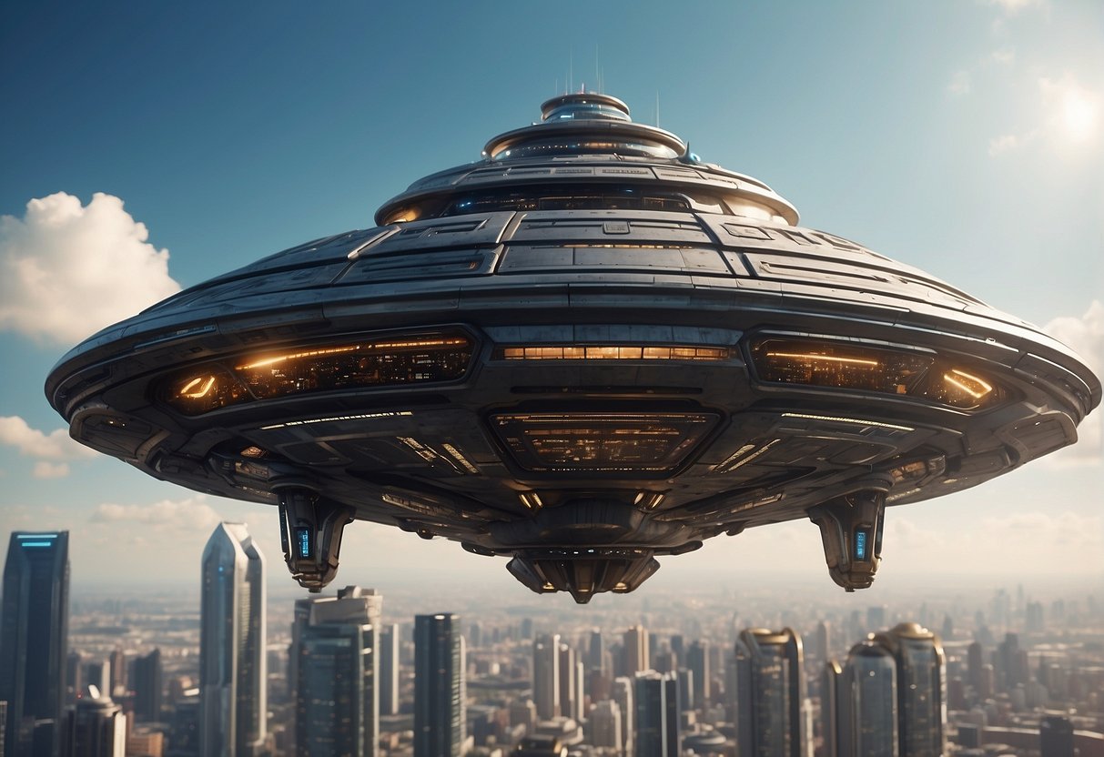 The Guardians' spaceship hovers above a bustling intergalactic city, with towering futuristic buildings and flying vehicles zipping through the sky. A mix of alien species can be seen going about their daily activities on the bustling streets below