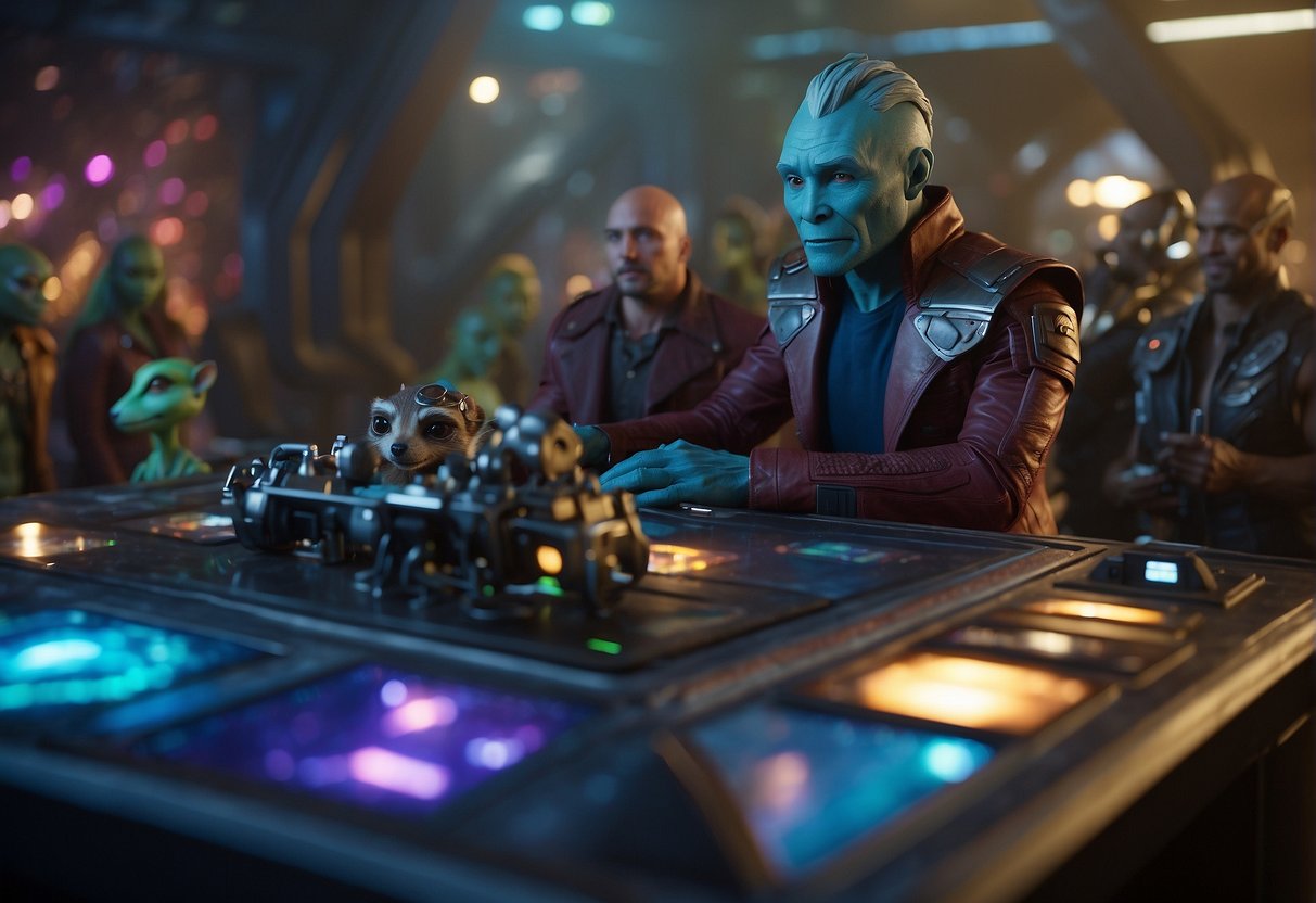 The Guardians of the Galaxy gather around a holographic display, discussing space laws and governance with colorful alien delegates