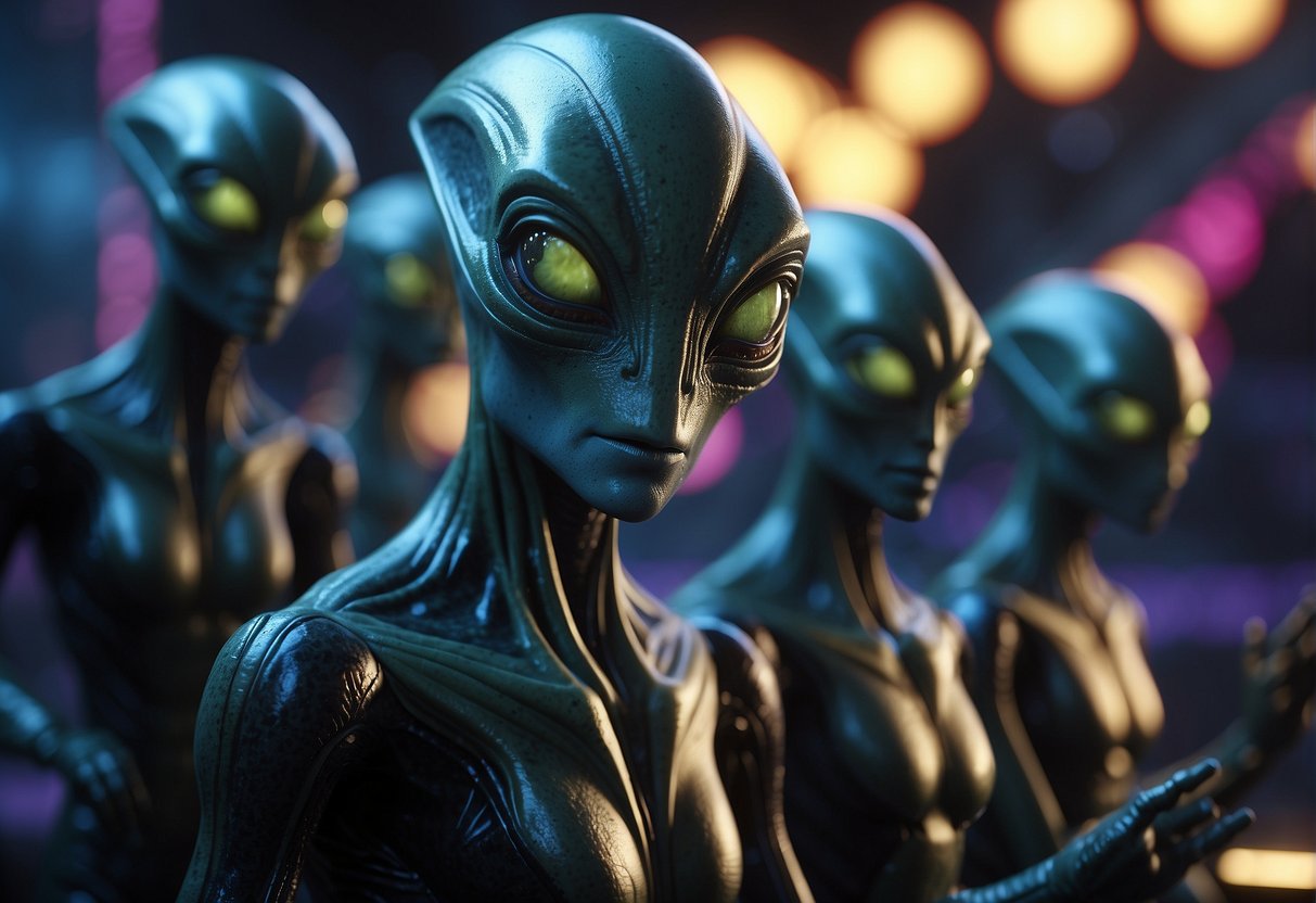 A group of alien creatures gather around a holographic display, discussing space laws and governance in a lively and animated manner