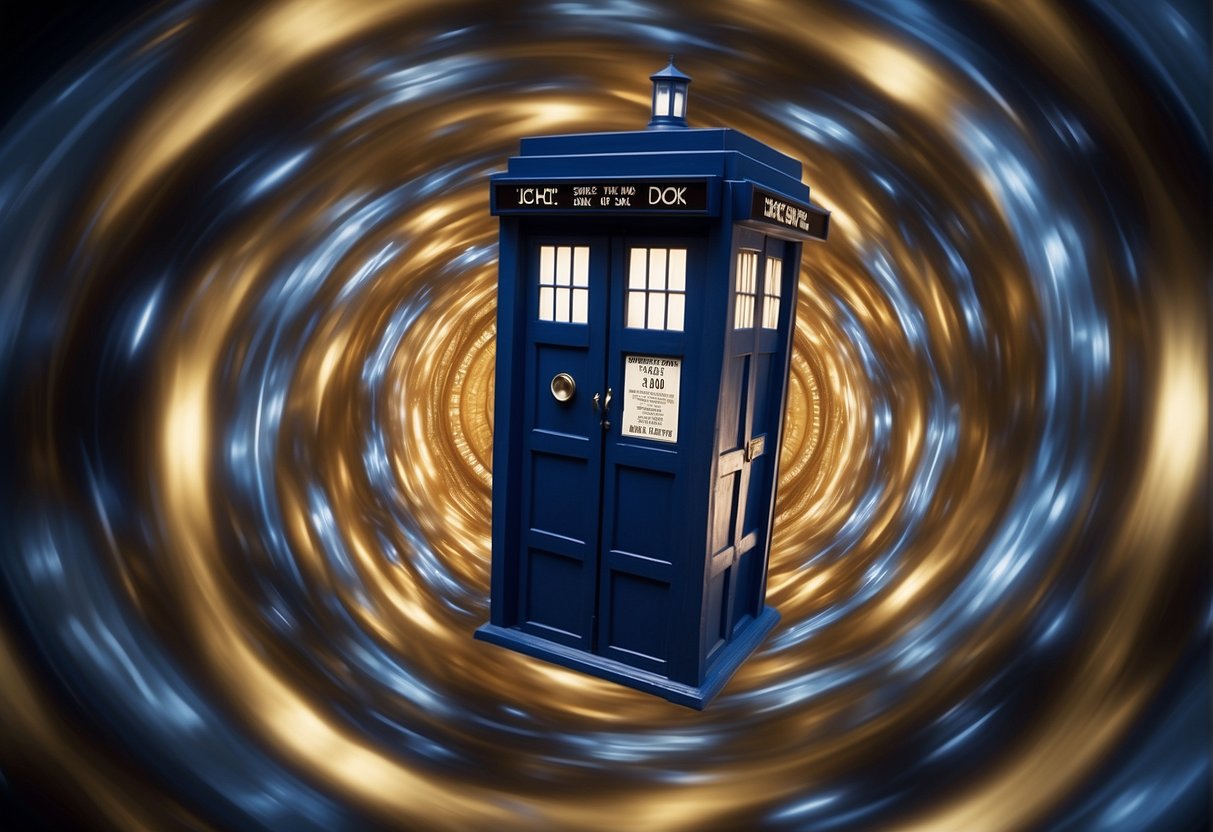 A TARDIS materializes in a swirling vortex, surrounded by clocks and scientific equipment, representing the exploration of time travel theories in "Doctor Who."