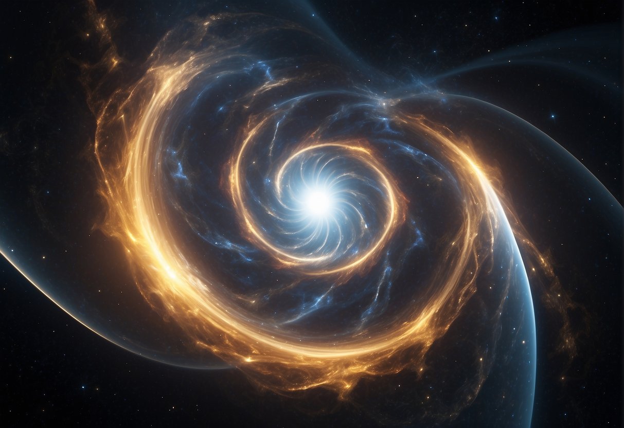 A swirling vortex of light and energy, bending and warping the fabric of space-time, with multiple timelines converging and diverging in a chaotic yet mesmerizing display