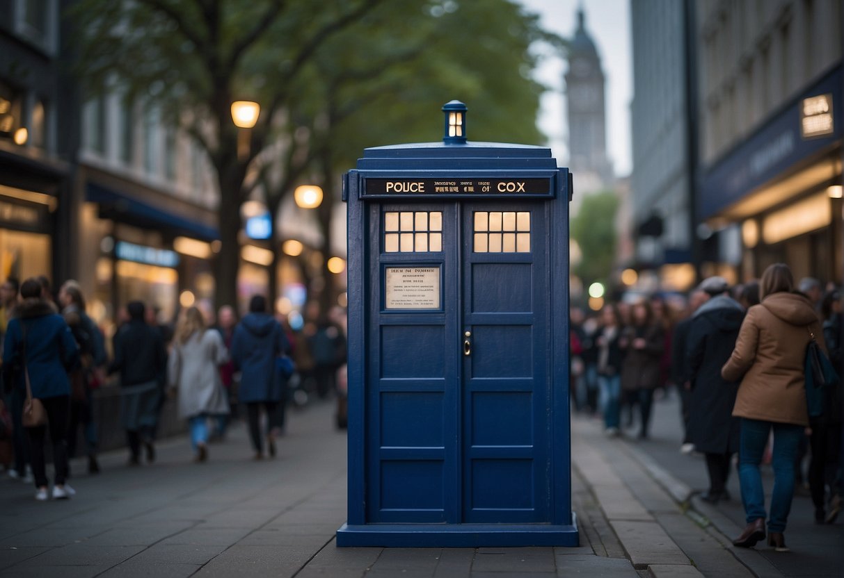 A TARDIS materializes in a bustling city, capturing the attention of onlookers. The iconic blue police box symbolizes the impact of "Doctor Who" on popular culture and scientific communication