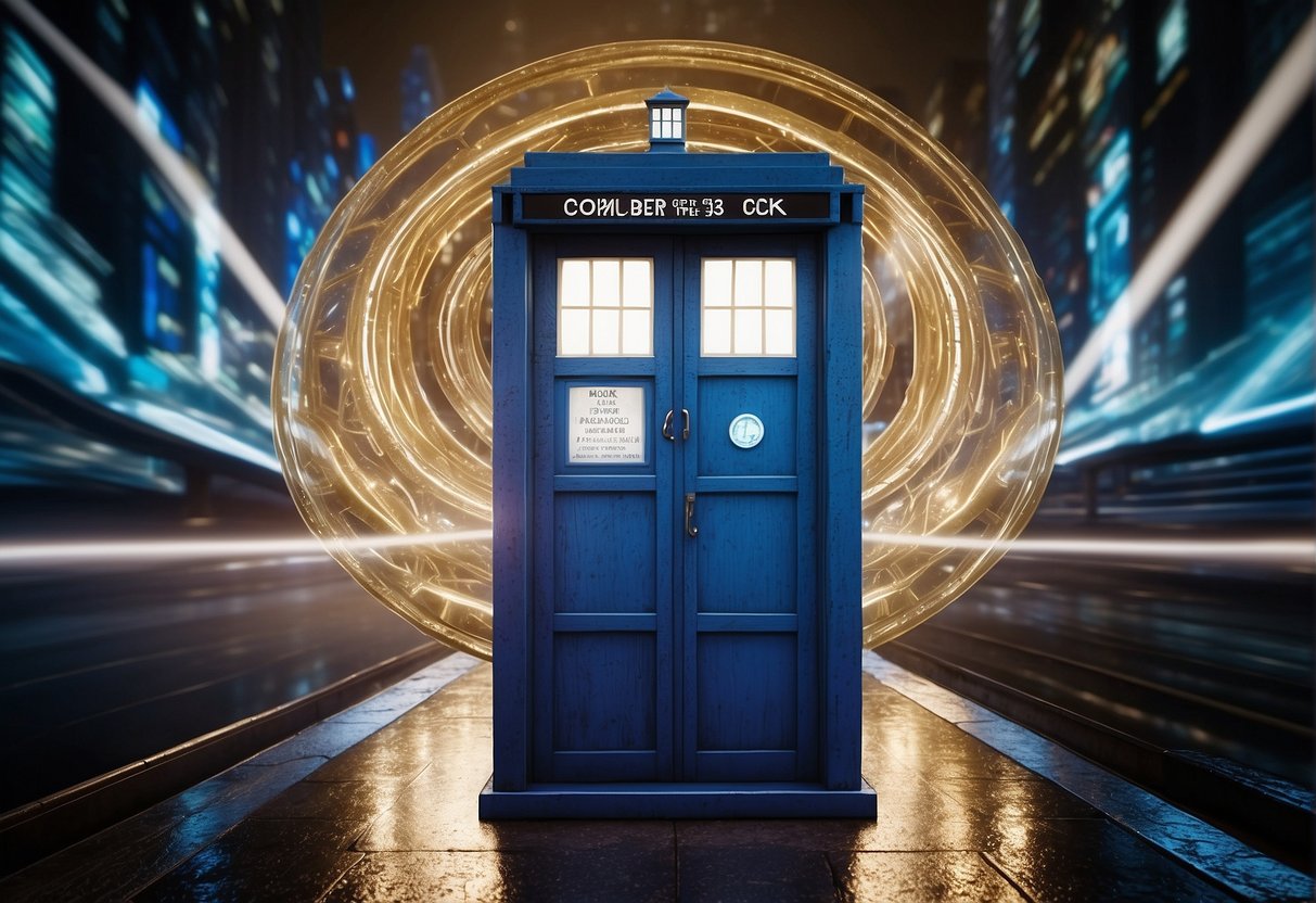 A TARDIS materializes in a futuristic city, surrounded by swirling vortexes and shimmering time portals. The scene is filled with a sense of wonder and possibility, capturing the essence of time travel