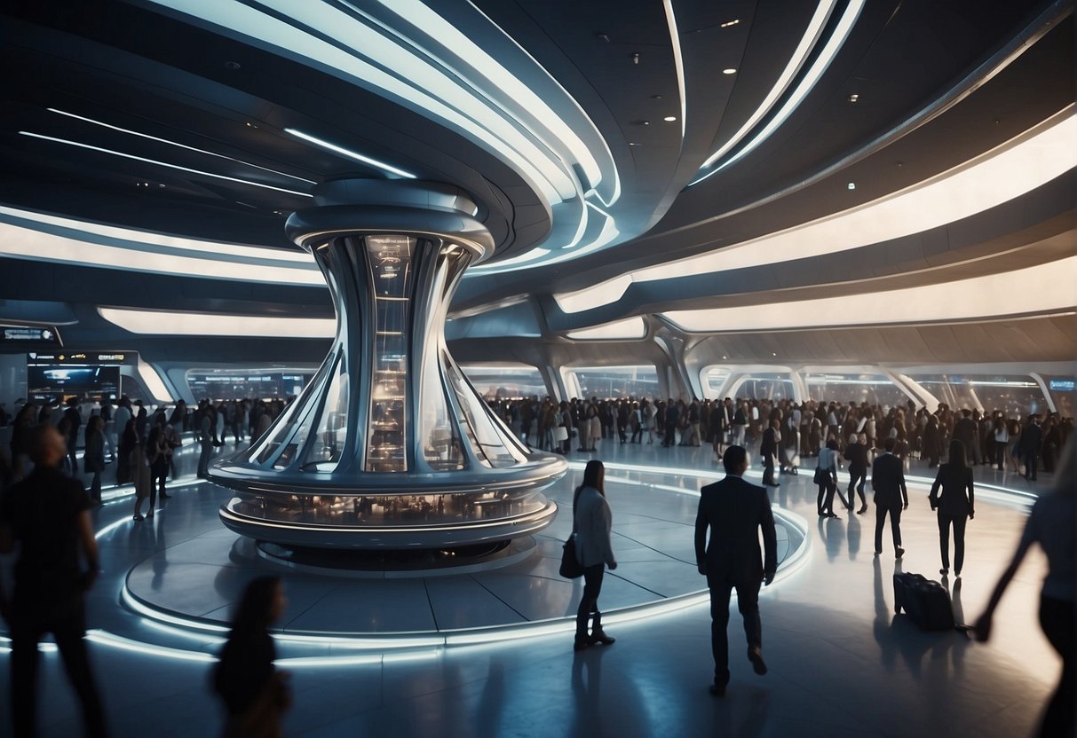 The Expanse - A bustling spaceport with sleek, futuristic spacecraft coming and going, while people in futuristic attire go about their business in a bustling, high-tech society