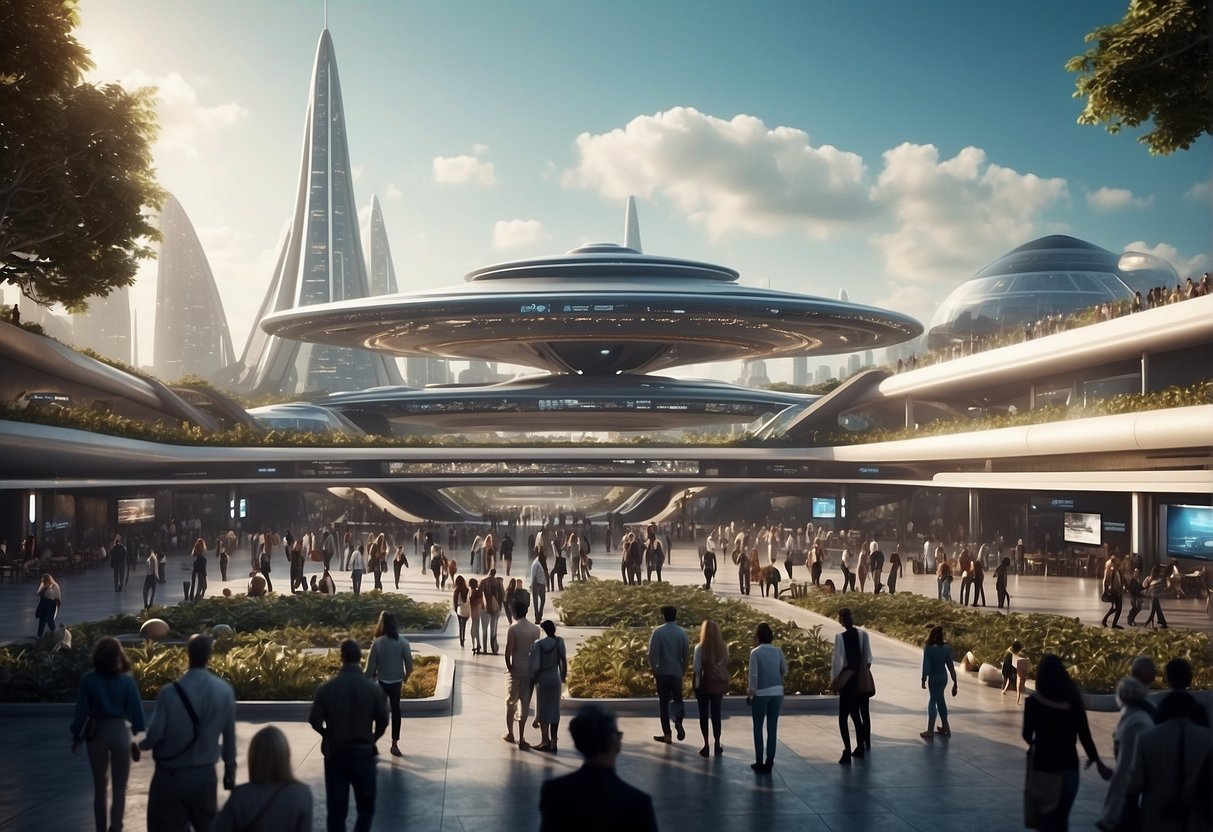 A bustling spaceport with sleek spaceships coming and going, while people of diverse backgrounds and species interact in a bustling futuristic society