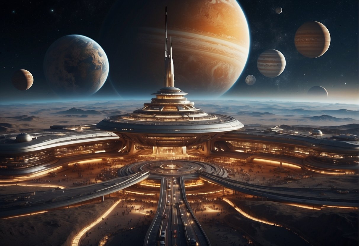 A bustling spaceport with sleek, towering spacecraft and bustling activity, set against a backdrop of distant planets and stars