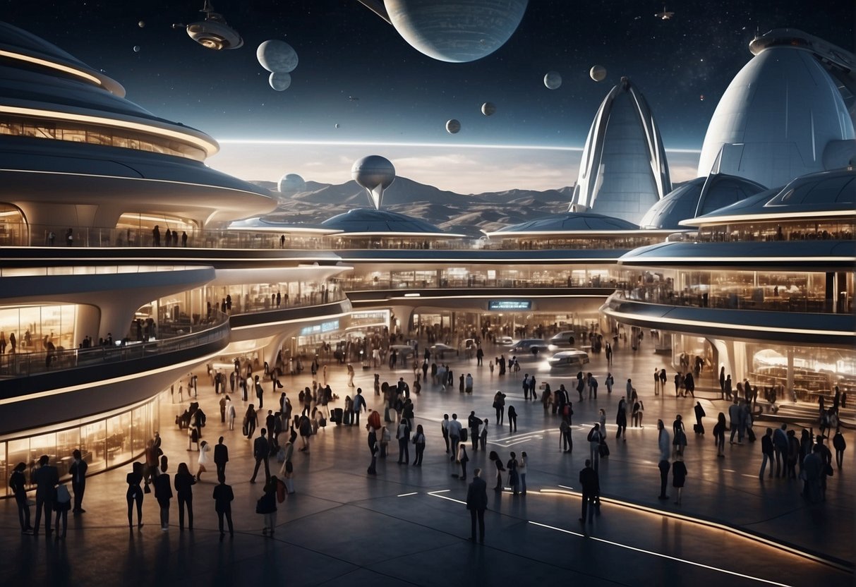 A bustling spaceport with ships of various sizes and designs coming and going, while workers and travelers bustle about, creating a sense of a busy and realistic future space society