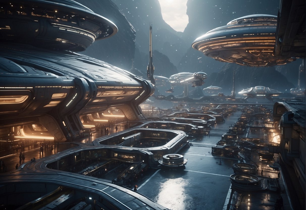 A bustling spaceport with diverse ships and alien species, showcasing the cultural impact of "The Expanse" in a futuristic space society