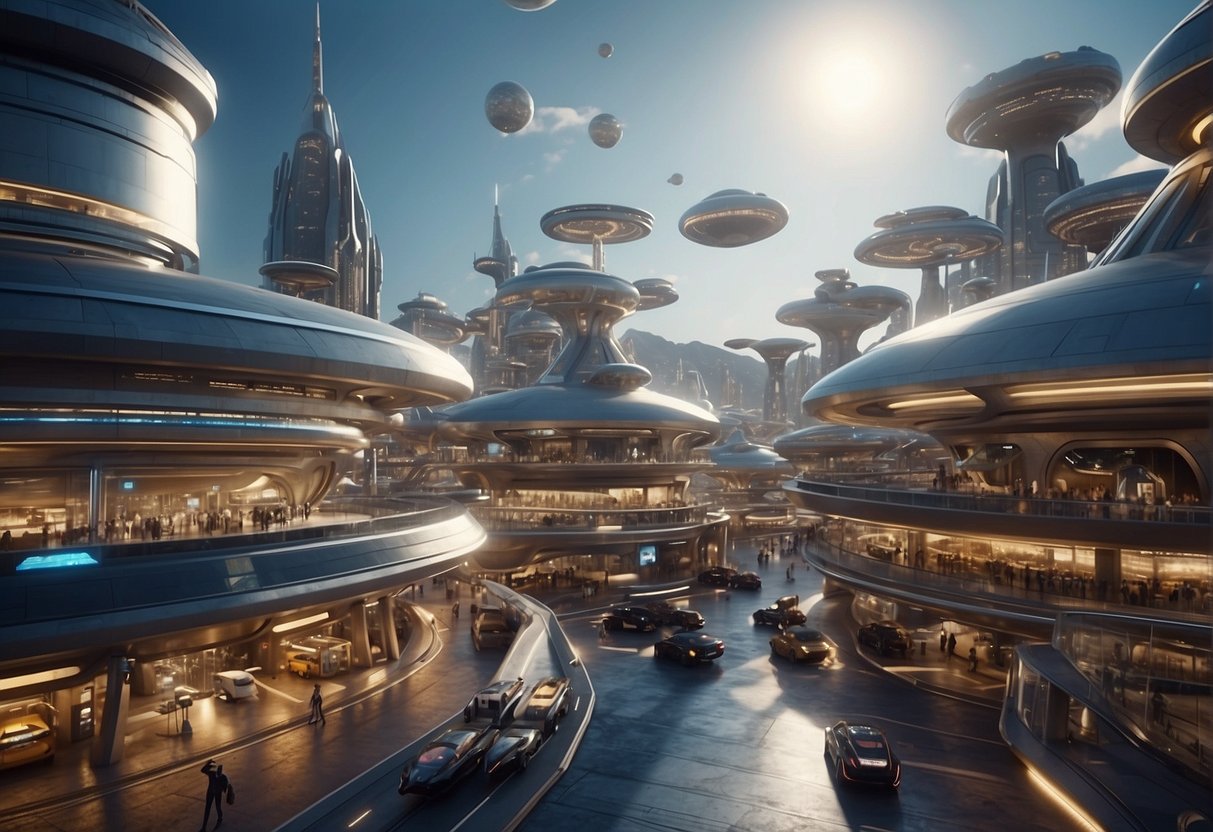 A bustling spaceport with sleek ships docking, robots unloading cargo, and holographic advertisements illuminating the futuristic cityscape