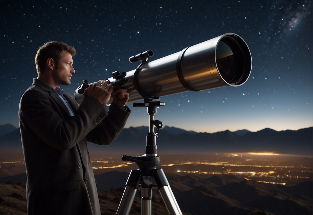 A telescope points towards a starry sky, a planet with rings visible in the distance. A scientist peers through the lens, searching for signs of alien life