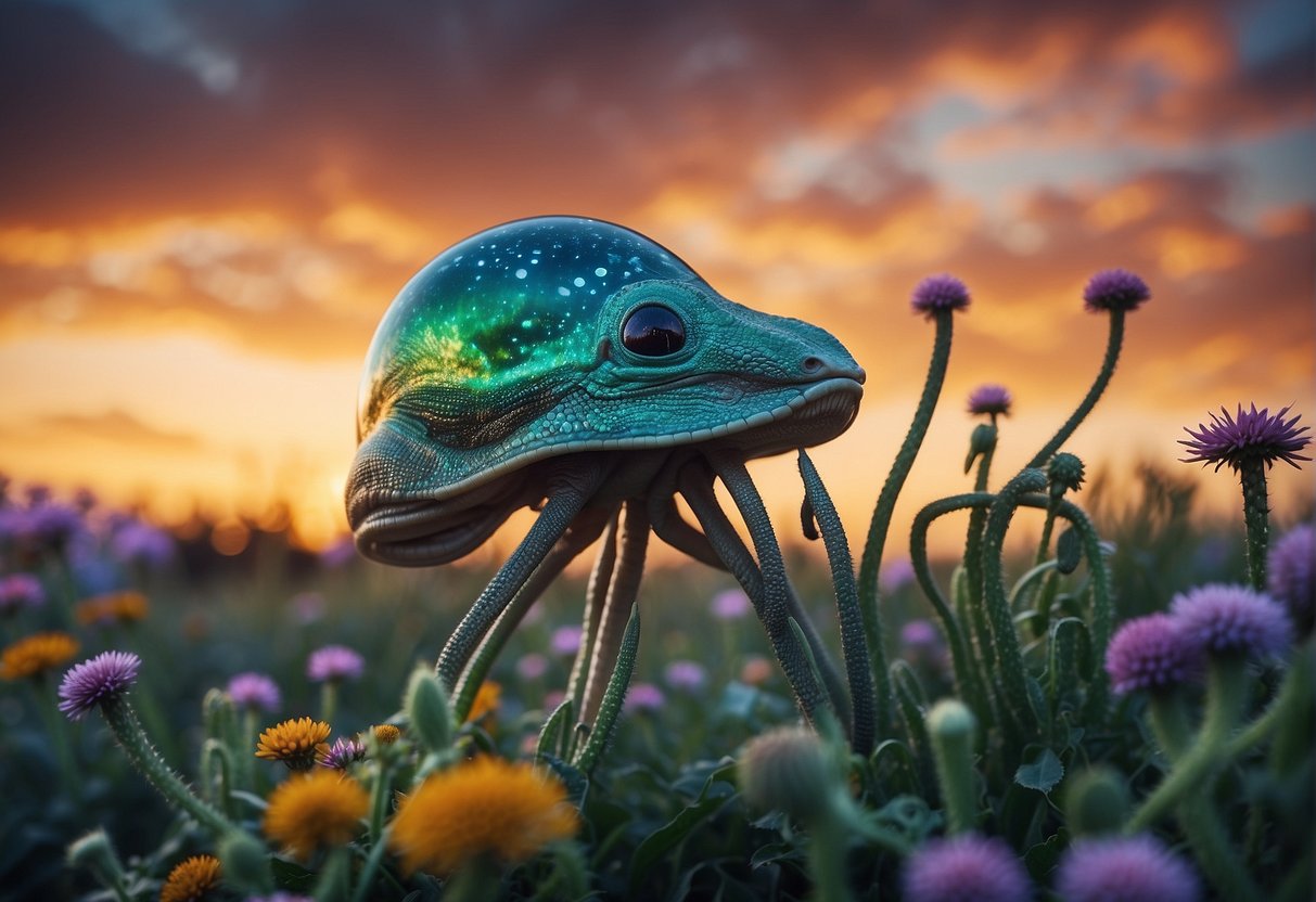 A lush, alien landscape with vibrant flora and unique, otherworldly creatures. The sky is a mesmerizing blend of colors, hinting at an atmosphere rich in potential for sustaining life