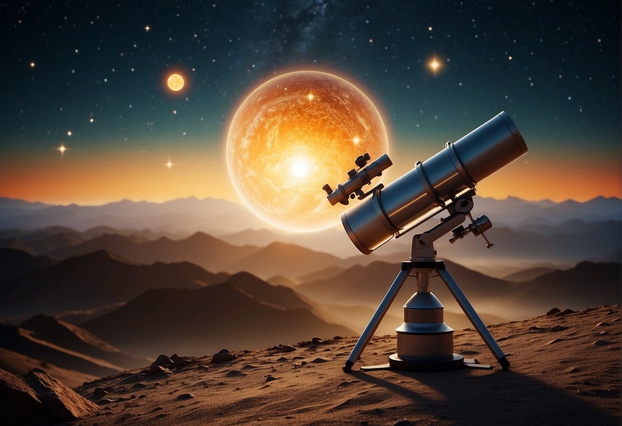 A star illuminates a swirling exoplanetary system, with multiple planets in orbit. A telescope and satellite dish point towards the cosmos, symbolizing the search for alien life