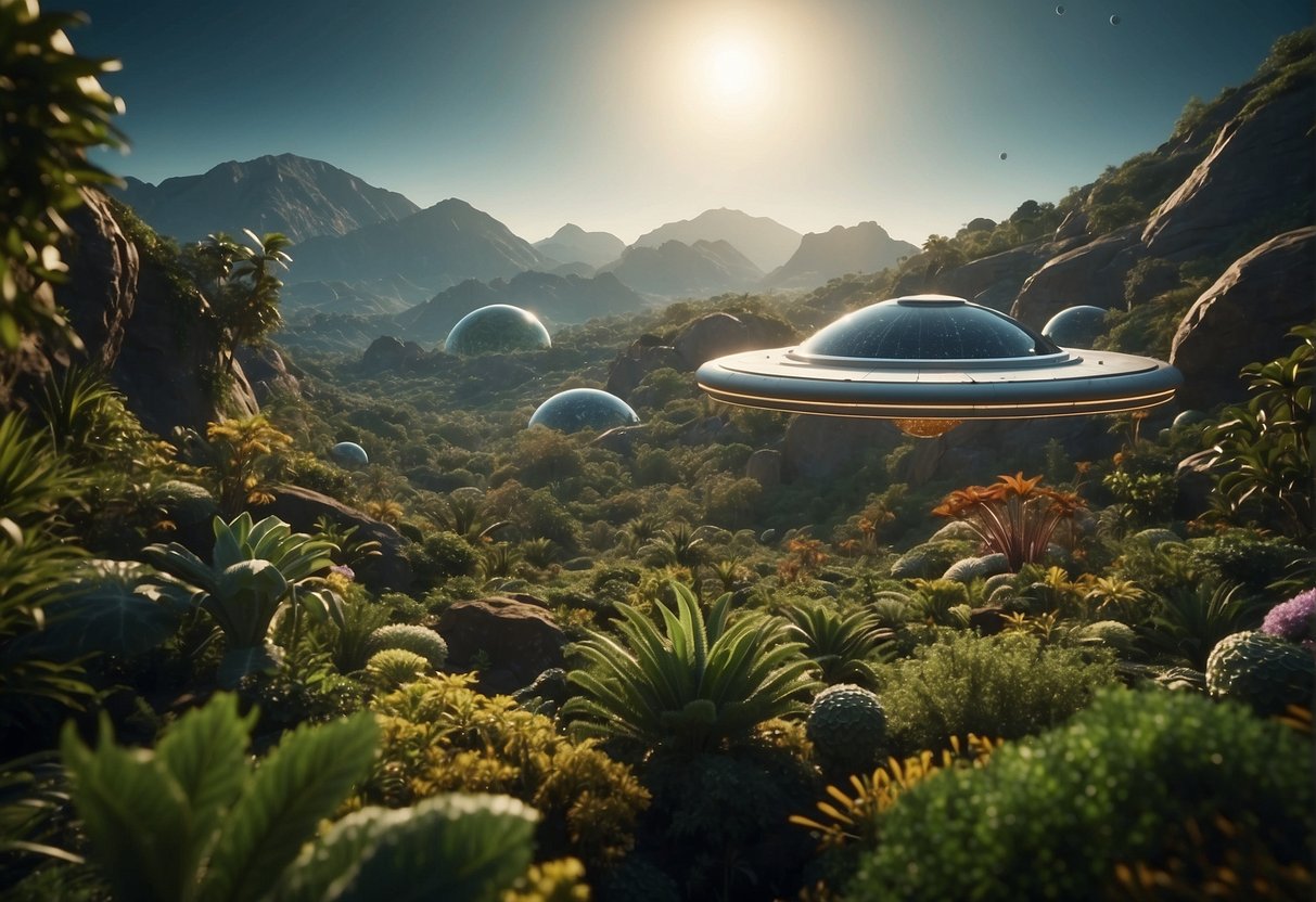 A lush exoplanet with alien flora and fauna, a spacecraft hovering above, and scientists conducting experiments to search for signs of extraterrestrial life