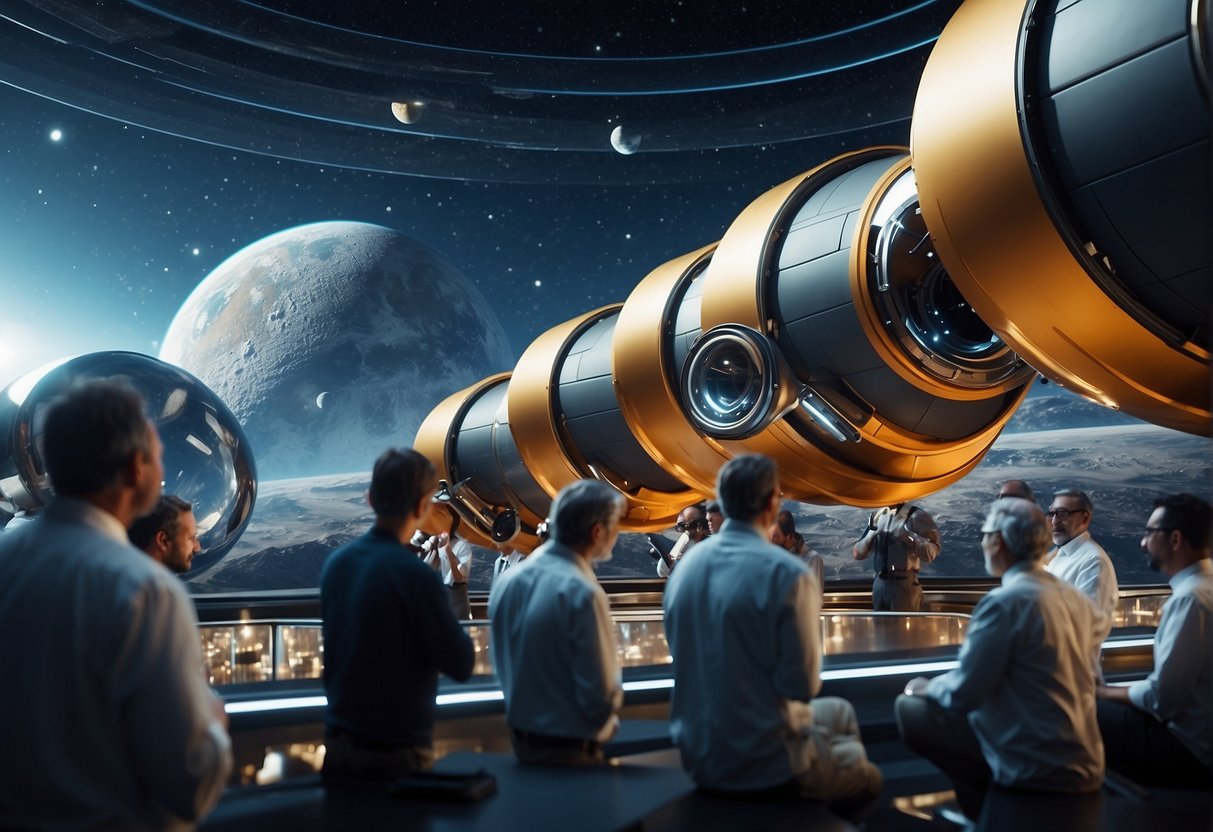 A group of scientists using advanced telescopes to search for exoplanets and signs of alien life in a futuristic space observatory