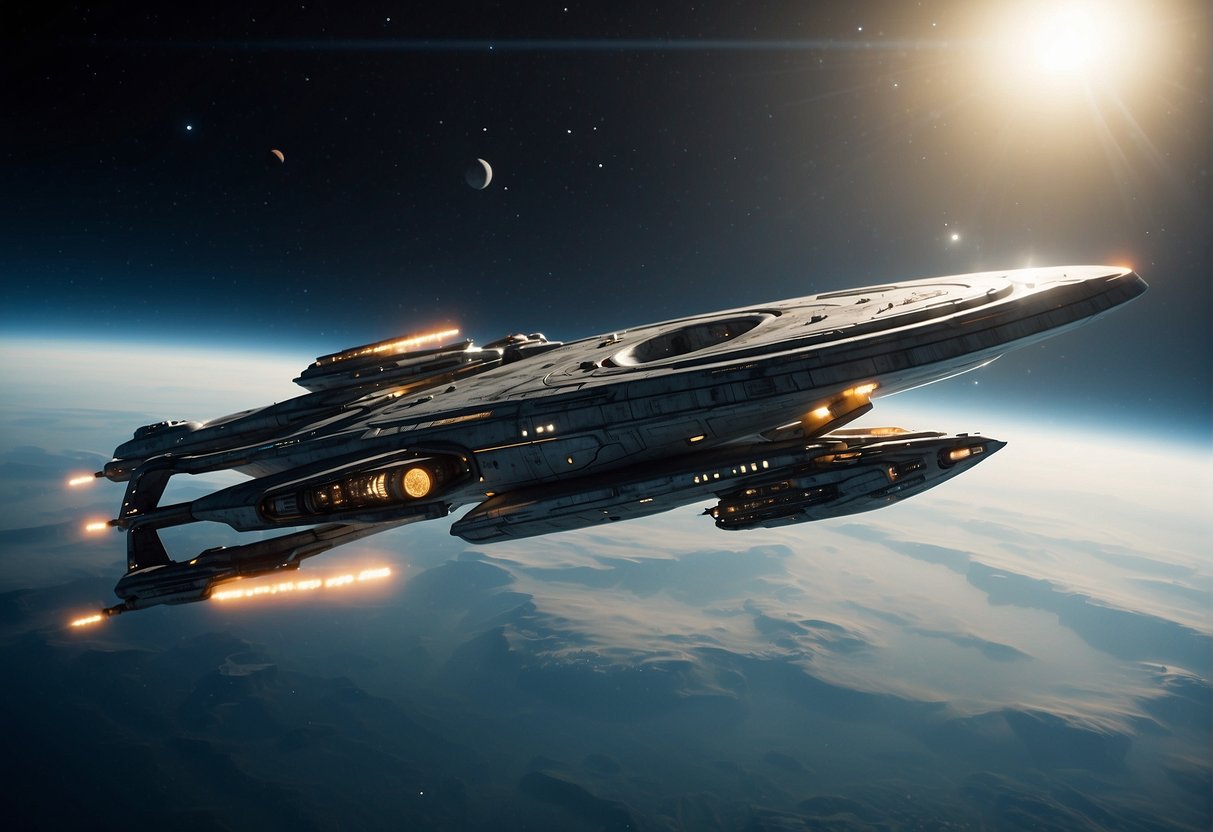 Spaceships from Star Trek and Star Wars engage in a dogfight, showcasing their unique spaceflight mechanics. The sleek, futuristic designs of the ships contrast against the backdrop of the vast, starry expanse
