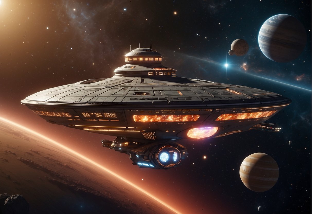 A starship zooms through a vibrant galaxy, passing by colorful planets and celestial bodies. The ship's sleek design and advanced propulsion system showcase the futuristic spaceflight mechanics of "Star Trek vs. Star Wars."