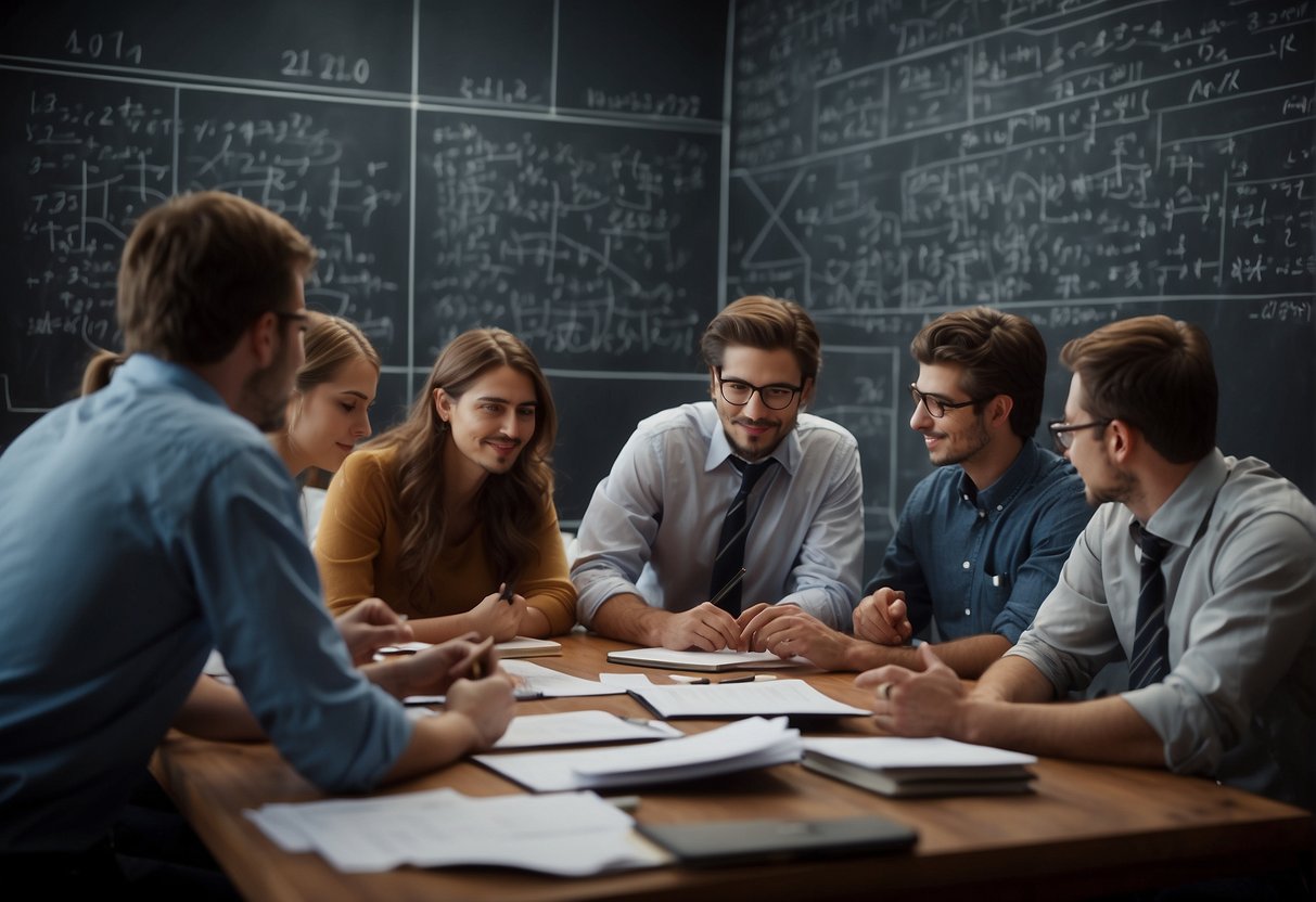 A group of mathematicians work diligently in a bustling office, surrounded by chalkboards covered in complex equations and diagrams. The room is filled with the hum of calculators and the occasional sound of excited conversation as they solve the mathematical challenges of space exploration