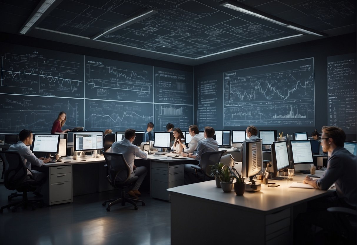 A group of mathematicians work diligently at their desks, surrounded by stacks of papers and complex equations. Charts and graphs cover the walls, showcasing their groundbreaking contributions to space exploration