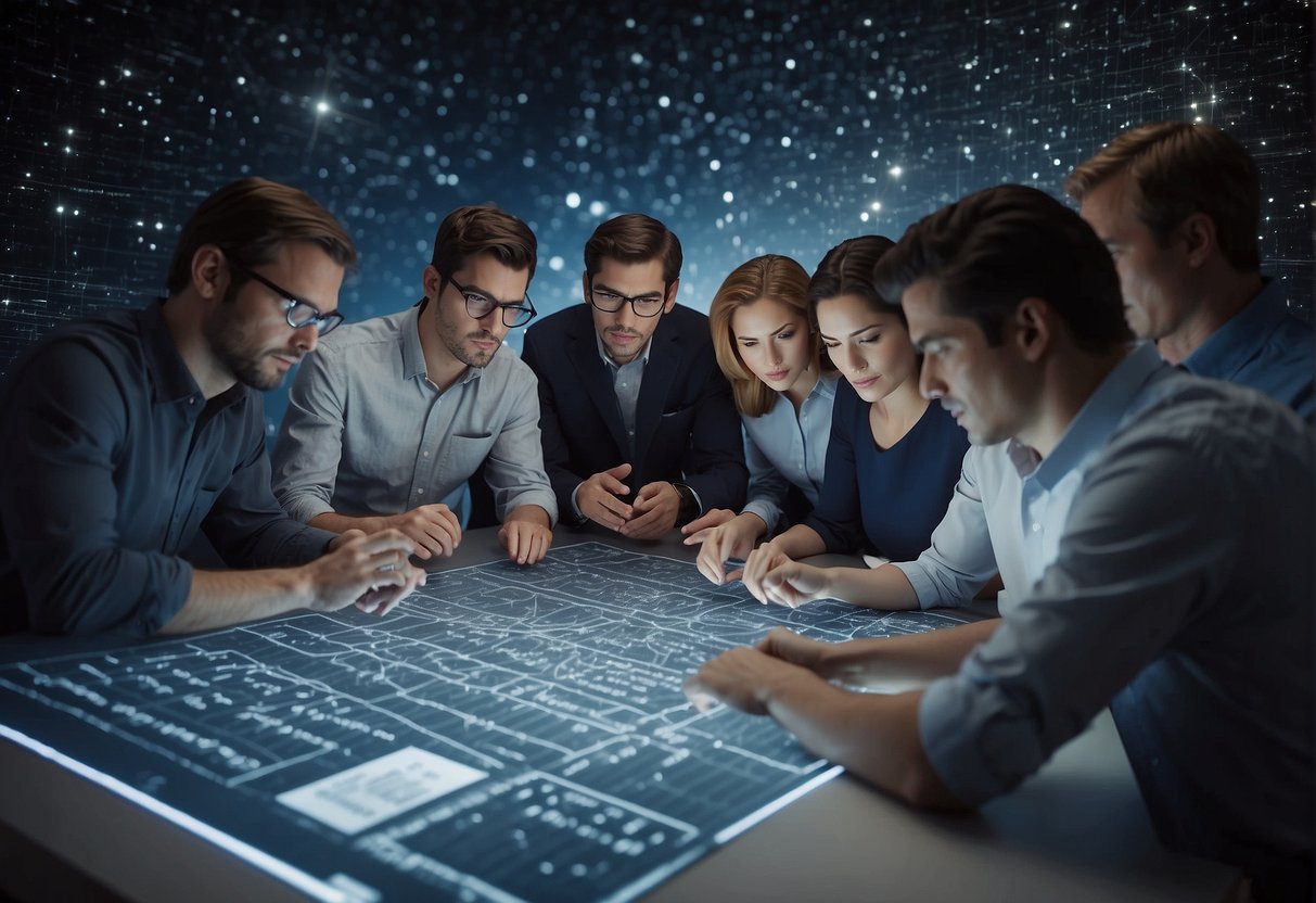 A group of mathematicians surrounded by complex equations and space diagrams, working together to solve problems and make groundbreaking discoveries in space exploration