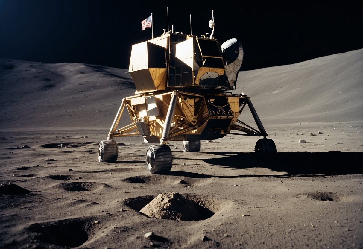 A lunar module sits on the desolate surface of the moon, with Earth visible in the background. The American flag is planted firmly in the ground, and footprints mark the dusty terrain