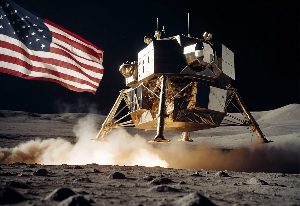 A lunar module descends onto the moon's surface, leaving a cloud of dust. The American flag is planted, symbolizing the historic Apollo 11 moon landing