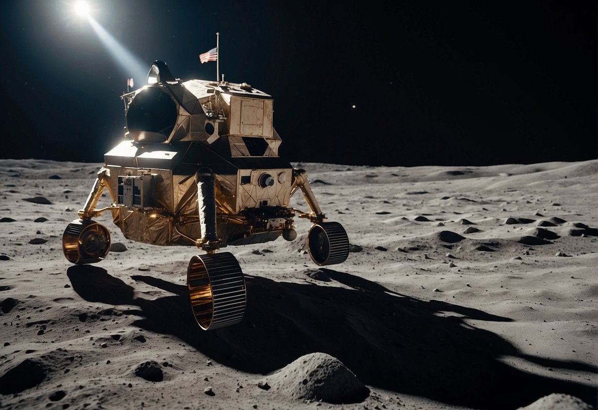 A lunar module descends onto the surface of the moon, leaving a cloud of dust in its wake. The American flag flutters in the airless environment as the astronaut takes his first historic steps