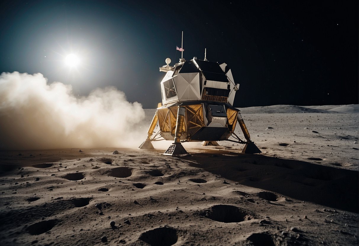 The Apollo 11 lunar module touches down on the desolate surface of the moon, leaving behind a cloud of dust as the historic moment of the moon landing is captured in stunning detail