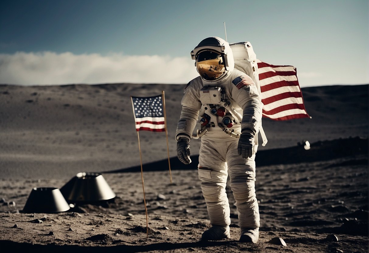 Astronaut planting American flag on lunar surface, with lunar module in background and Earth in the distant sky