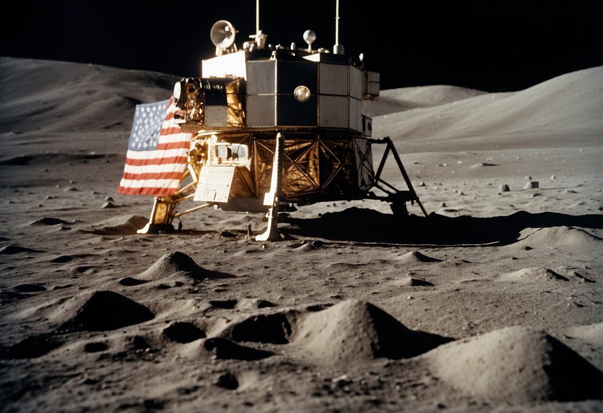 The Apollo 11 spacecraft lands on the moon's surface, with the American flag planted in the lunar soil, and the Earth visible in the background