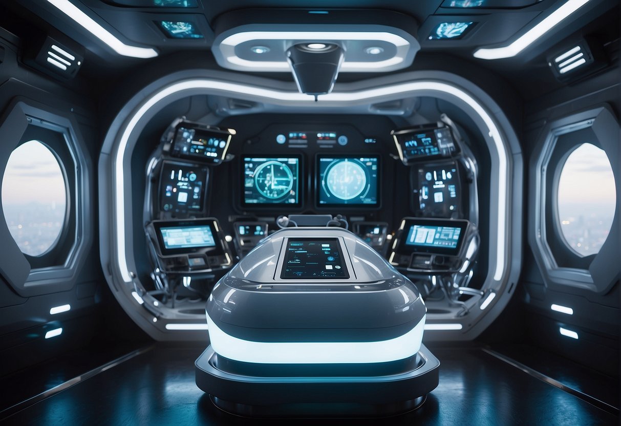 A futuristic life support system in a sleek, sterile space capsule, with glowing control panels and intricate medical equipment