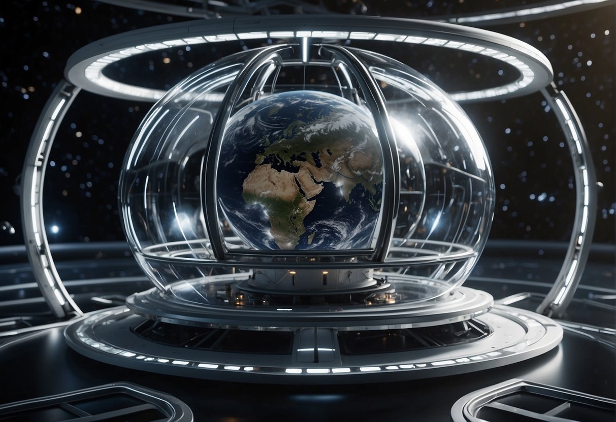 The orbital habitat Elysium features artificial gravity, with spinning rings creating a sense of downward pull. The vast structure is surrounded by stars and other orbiting habitats