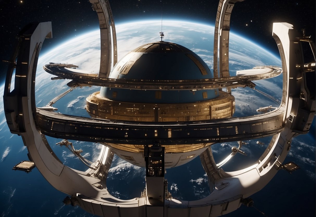 A spinning orbital habitat with artificial gravity, surrounded by stars and a view of Earth in the distance