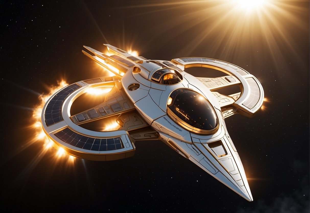 The spaceship Icarus II hurtles toward the blazing sun, its sleek metallic exterior reflecting the intense light. Solar panels extend from its sides, capturing the energy needed for its daring mission