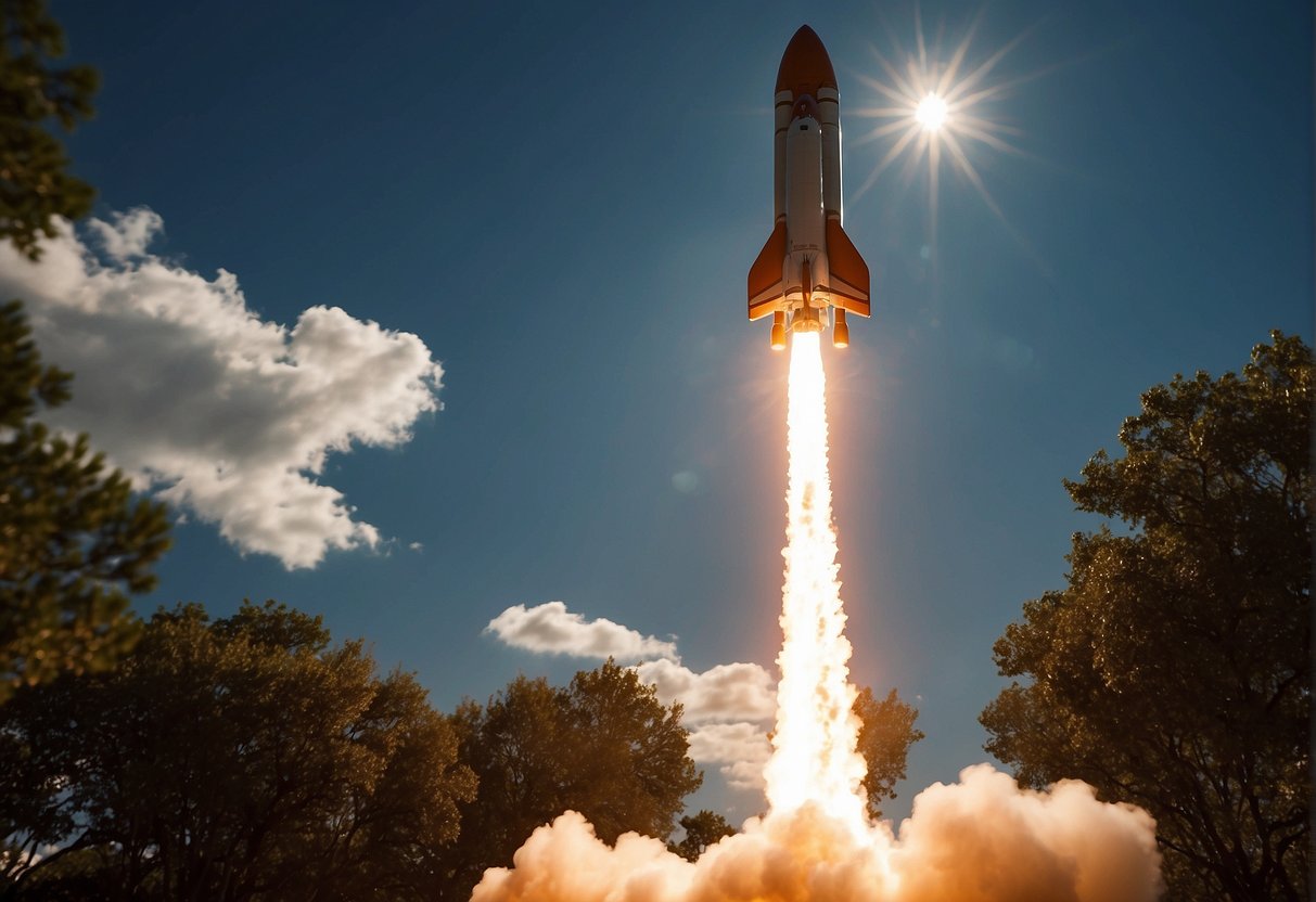 A rocket hurtles toward the blazing sun, its fiery surface shimmering with intense heat and energy. The intense brightness and heat of the sun dominate the scene, with the rocket appearing small and insignificant in comparison