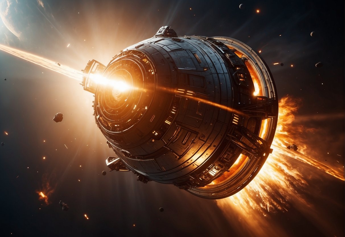 A spacecraft hurtles towards the blazing sun, its sleek and futuristic design contrasting against the fiery backdrop. The intense heat and light create a dramatic and awe-inspiring scene