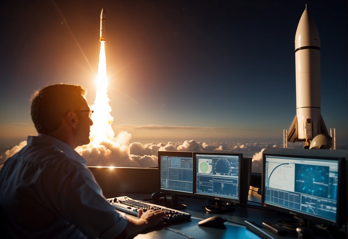 A rocket launches toward the blazing sun, carrying a powerful bomb. Scientists and engineers watch from a control room, monitoring the mission's progress