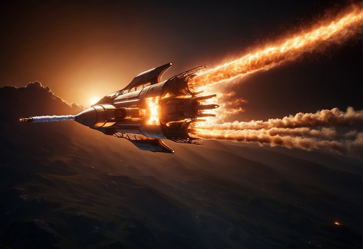 A rocket hurtles towards the blazing sun, its fiery surface illuminating the surrounding darkness. The intense heat and radiation create a dramatic and dangerous environment