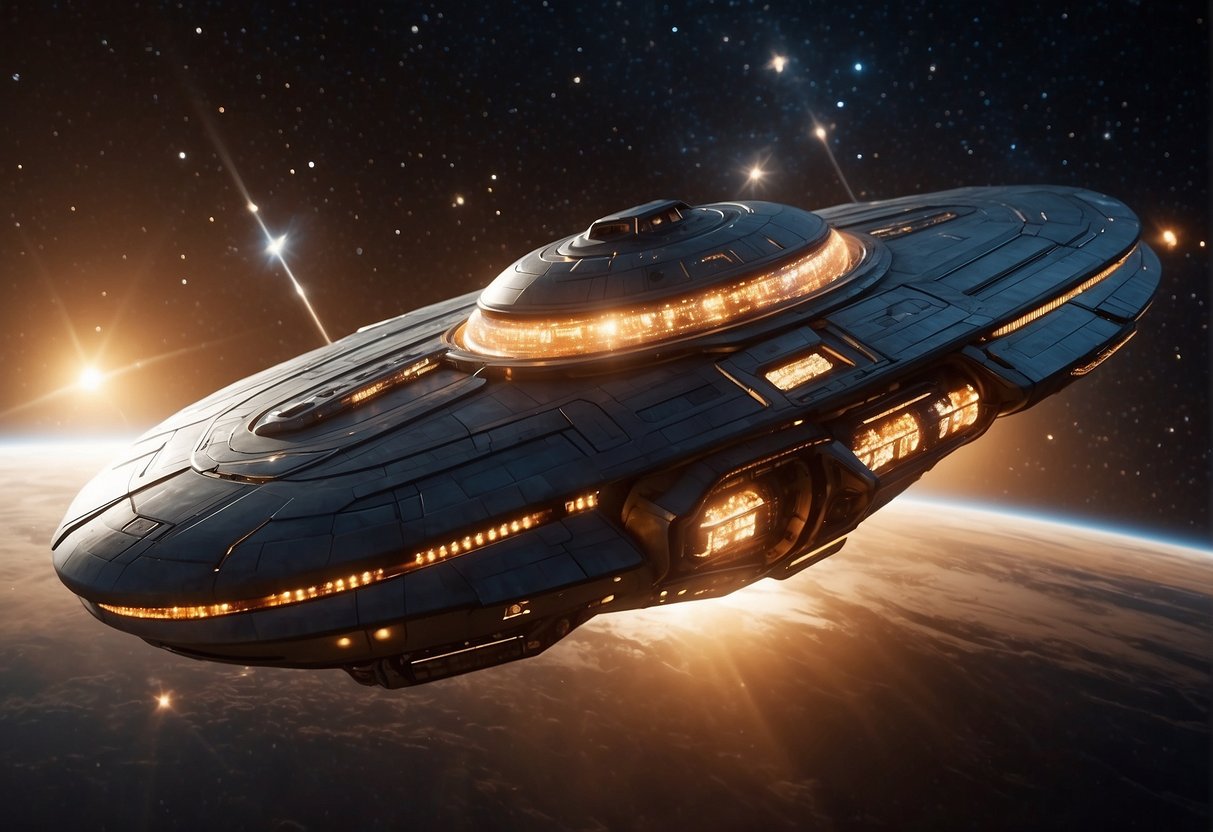 A spaceship hurtles through a starry expanse, with planets and celestial bodies in the background. The ship is sleek and futuristic, emitting a soft glow as it travels through the cosmic void