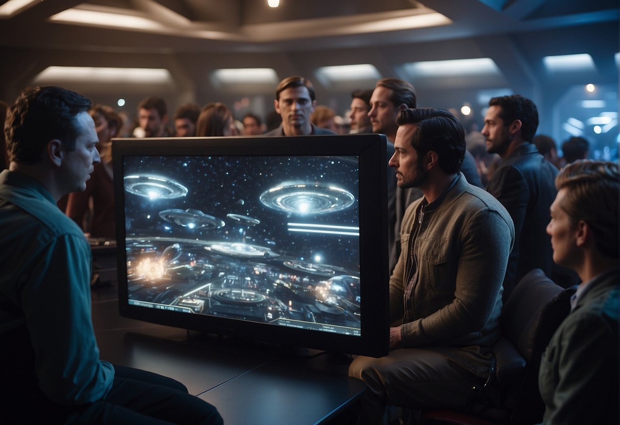 A group of sci-fi fans gather around a large screen, watching "Galaxy Quest" with excitement. Models of spaceships and alien creatures are scattered around the room, adding to the atmosphere of the scene