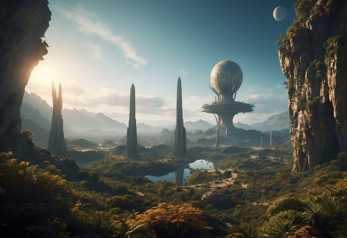A mysterious planet teeming with exotic flora and fauna, with towering alien structures and ancient artifacts scattered across the landscape. Eerie, otherworldly atmosphere permeates the scene