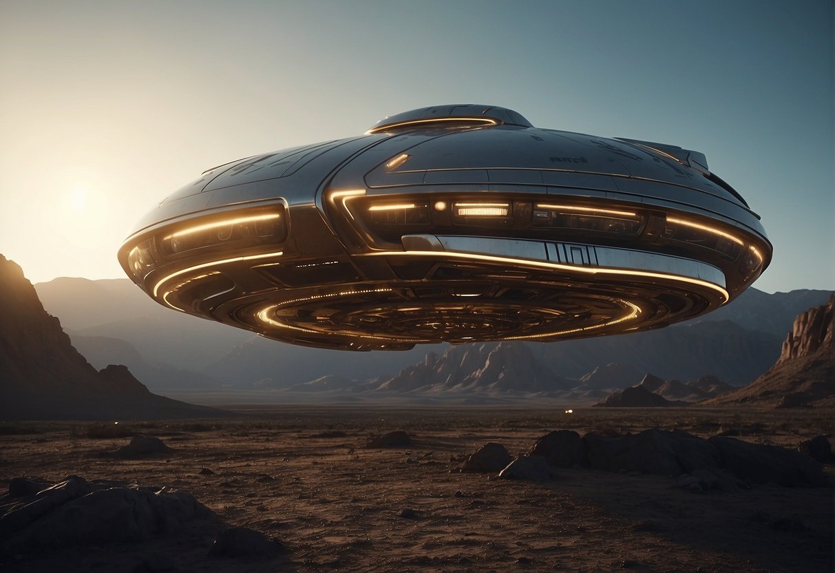 A metallic spaceship hovers over a desolate, alien landscape. Glowing lights and intricate machinery cover its exterior, hinting at advanced technology. The atmosphere is ominous, hinting at a dystopian future