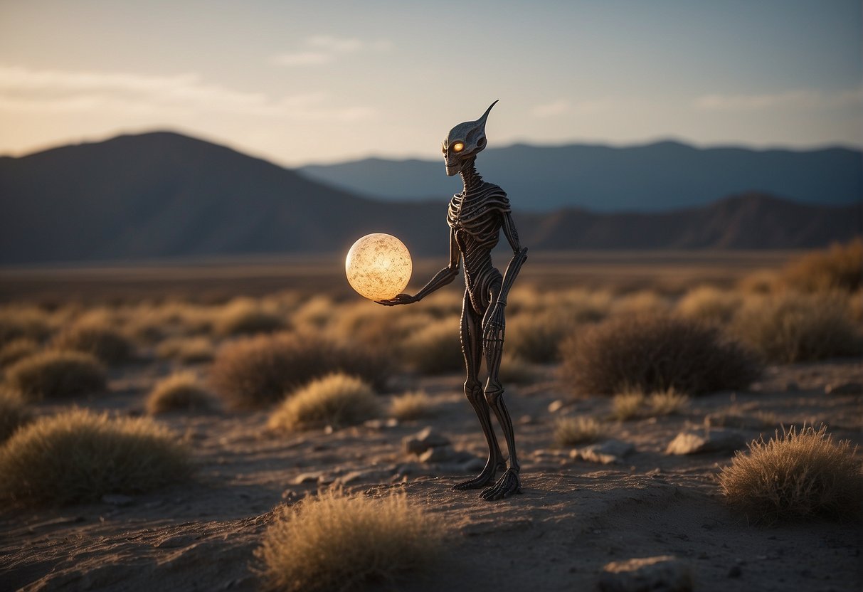 A towering alien figure stands amidst a desolate landscape, holding a glowing orb aloft. Strange, otherworldly symbols adorn its body, evoking a sense of ancient power and mystery