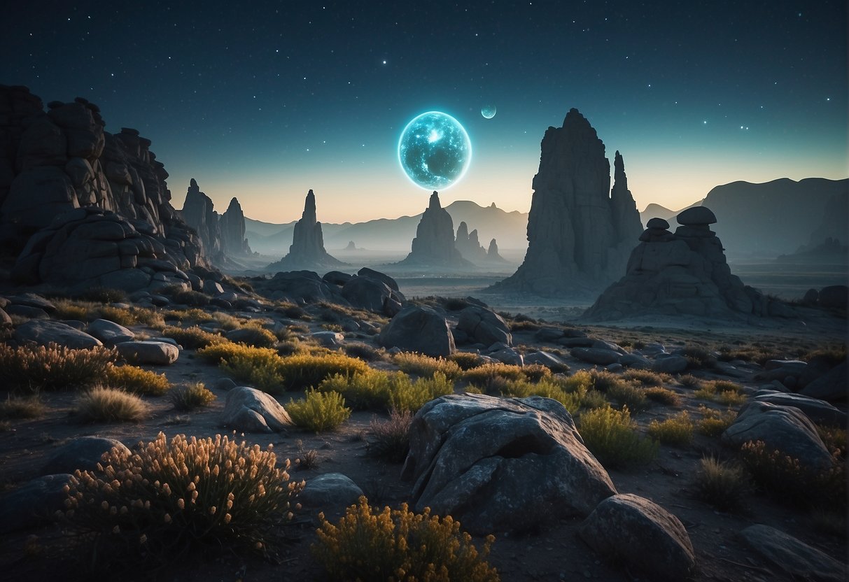 A mysterious alien landscape with strange, bioluminescent flora and fauna, towering rock formations, and an eerie, otherworldly atmosphere