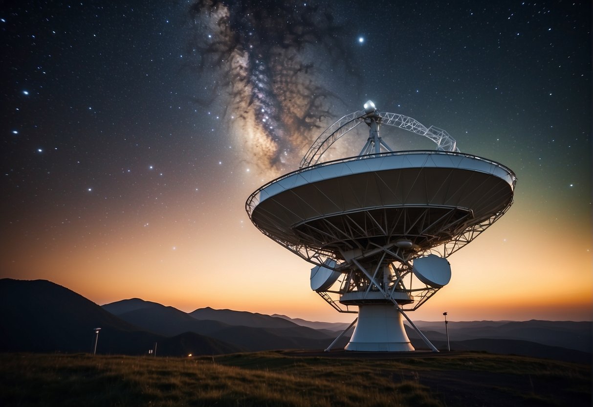 A radio telescope points towards the night sky, transmitting signals into space. A glowing planet and distant stars fill the background