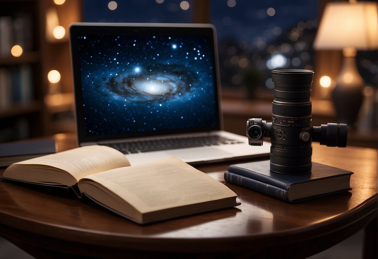 A telescope pointing towards the night sky, surrounded by books, a notepad, and a pen. A computer screen displays images of distant galaxies. A cup of coffee sits on the table