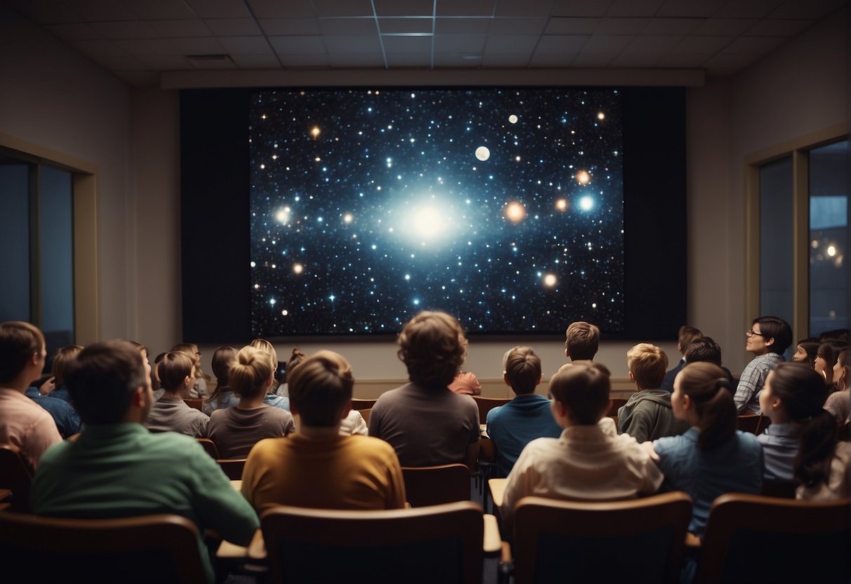 A classroom filled with students eagerly watching a projection of the cosmos, while a teacher enthusiastically discusses the legacy of Carl Sagan in education and public outreach