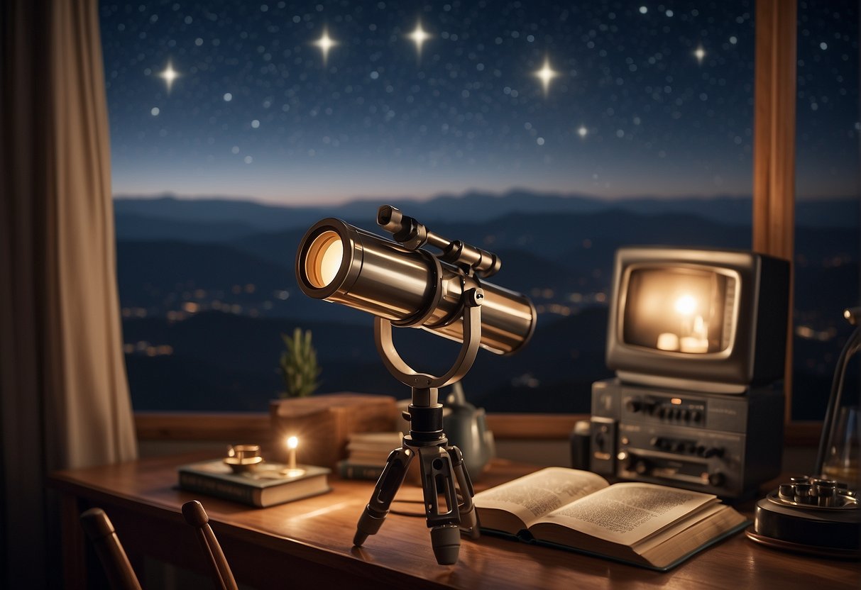 A telescope points towards the stars, while a radio dish reaches out into the cosmos. Books and scientific instruments surround a portrait of Carl Sagan