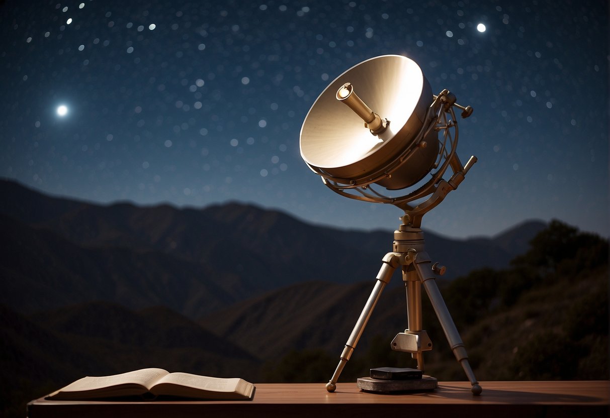 A telescope points towards the stars, with a book titled "Cosmos" lying open nearby. A radio dish is pointed towards the sky, symbolizing interstellar communication