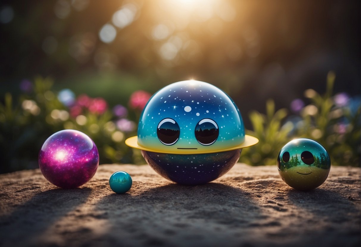 A colorful galaxy with planets and stars, a spaceship shaped like a giant ball, and a comical alien creature with a goofy expression