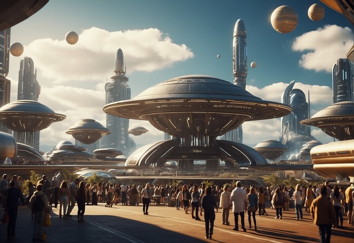 A bustling spaceport with alien species trading goods and interacting with robots, while Spaceballs ships hover in the background